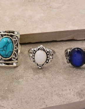 Antique Silver Stone Rings 3 Pack