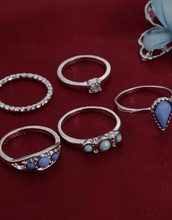 5 Pcs Blue Faux Stone Midi Ring Set