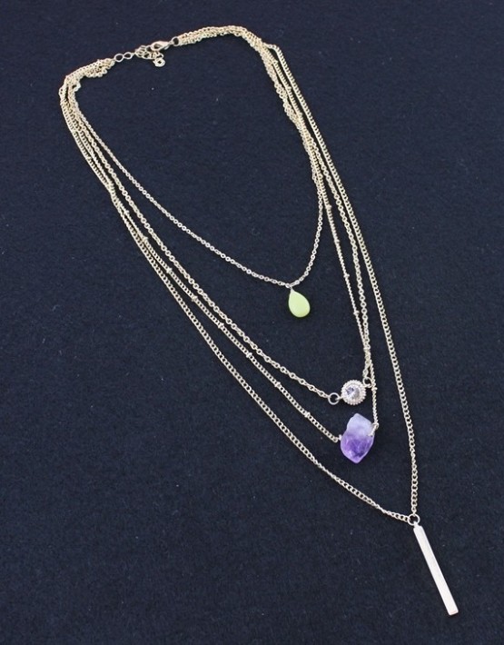 Bar Pendant & Stone Multi Layer Necklace