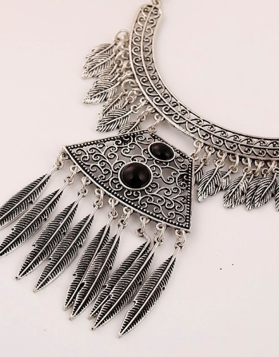 Antique Silver Leaves Tassel Choker Necklace