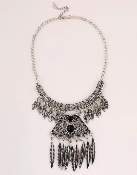 Antique Silver Leaves Tassel Choker Necklace